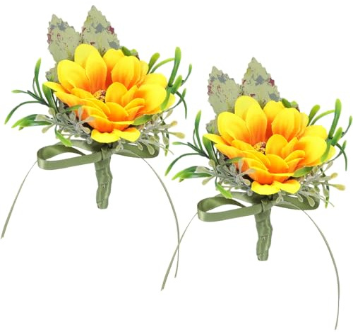Lot de 2 Corsages Tournesol Réalistes en Soie, Décoratifs pour Mariage | Style Pastoral Élégant, Vert, pour Demoiselles D'honneur et Filles D'honneur, Accessoire Décoratif