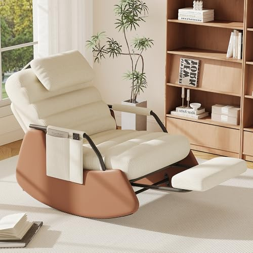 Schaukelstuhl mit ausziehbarer Fußstütze & Kopfstütze, Relaxsessel 3-stufig verstellbar, Kuscheliger Teddy-Fleece Lesesessel in Beige mit braunem PU-Leder, Moderner Fernsehsessel für Wohnzimmer
