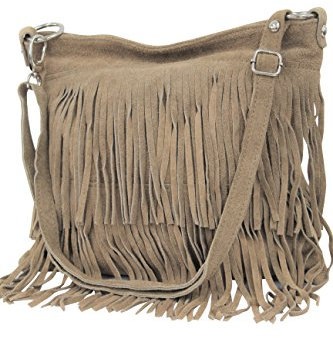 AMBRA Moda Damen Handtasche Ledertasche Umhängetasche Fransentasche Schultertasche Damentasche Wildleder 32 cm x 29 cm x 2 cm WL809 (Dunkelbeige)