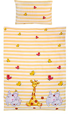 Gräfenstayn® 2-TLG. Kinderbettwäsche Set mit Tiermotiv und integriertem Reißverschluss - aus 100% Baumwolle (Renforce-Qualität) - Deckenbezug 135x100cm und Kissenbezug 60x40cm (Giraffe & Elefant)