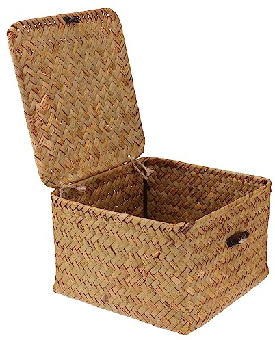 Woven Baskets Rattan Straw Storage Basket With Button Lid Square Wicker Storage Tea Bins Box With Cover Organizer Home Table Decoration 16x16cm