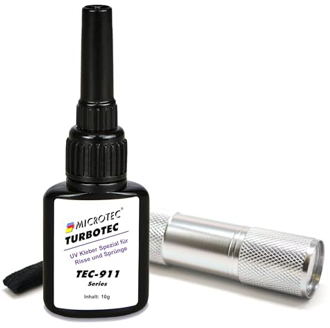 Microtec® Turbotec 911 dünnflüssiger UV-Kleber | Ausbesserung von Rissen und Sprüngen | für Glas/Metall/Kunststoff | 10g | mit UV-Taschenlampe | lichthärtender und transparenter Klebstoff