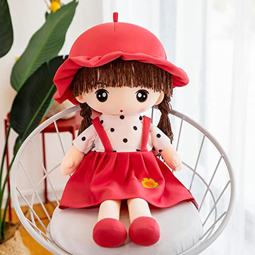 Bakermiche Plüschtier Soft Rag Doll mit Kleidung und Haaren, Cuddly Toy für Mädchen, Baby Doll, Handgemachte Textildolls, Kinderspielzeug, Cartoon-Mädchenpuppen-Spielzeugkissen, 45 cm, Rot