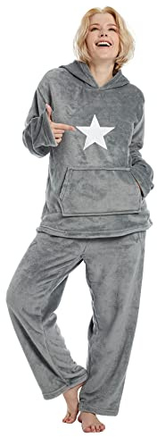 Style Slice Dark Grey Fleece Pyjamas for Women, Hooded PJ Set, Sizes 8-22
