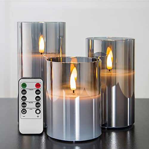 Eywamage Grau Glas LED Kerzen mit Fernbedienung, Flackernde Flammenlose Stumpenkerzen Batteriekerzen 3er-Set Φ 3 H 4 5 6