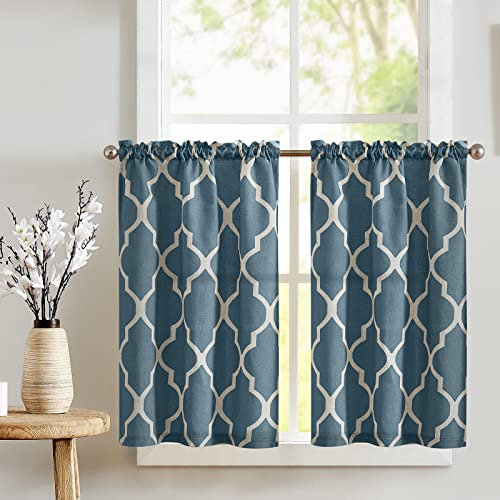 TOPICK Scheibengardinen modern Wohnzimmer Bistrogardine 2er Set Leinenoptik Scheibengardinen mit Raute Küchengardinen kurz H90xB65 cm Küchenvorhänge Landhausstil Gardine Muster Weiß auf Blau