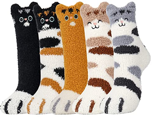 Merclix 5 Paires Chaussettes Chat Femme Chaussettes Chaudes Femme Thermique Hiver Polaire Chaude Pattes de Chat Cadeau Chat Original Anniversaire Noel
