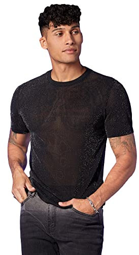 GORGLITTER Men's Glitter Sheer Mesh Tops See Through Short Sleeve Summer T Shirt Streetwear Black M