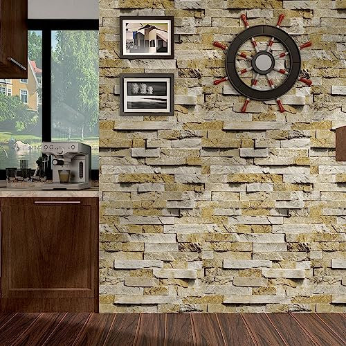 Yullpaper Yellow White Brick Wallpaper Peel and Stick Wallpaper for Living Room Kitchen Brick Effect Sticky Back Plastic Roll Waterproof Self Adhesive Wallpaper Vintage Thick Contact Paper 40 X 300cm