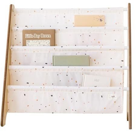 3 Sprouts, Librería Frontal Montessori para Niños, Estantería Fabricada en Poliéster Reciclado, Ideal para Contener Libros, Color Crema Terrazo, 61x63x25,4 cm