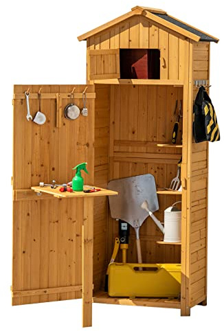 GOPLUS Gartenschrank Holz, Gartenhaus outdoor wetterfest, Geräteschuppen mit Tür, Ablage & 8 Haken, Gerätehaus mit Satteldach, Gartenhütte Gartenschuppen für Garten Terrasse, 70 x 35,5 x 176cm (Natur)