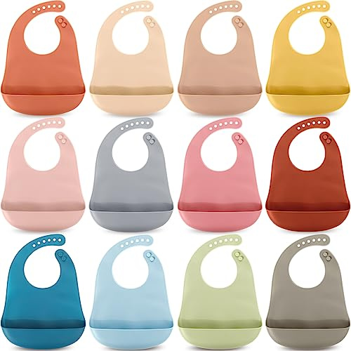 Mepase 12 Pcs Silicone Bibs for Babies Waterproof Silicone Bibs Soft Adjustable Baby Feeding Unisex Kid Eating Supplies (Fresh Color)