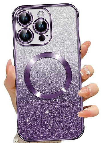 Phoona für iPhone 13 Pro Max Hülle, Magnetisch Handyhülle Kompatibel mit MagSafe, Keine Vergilbung, Kratzfeste, Ganzkörperschutz Glitzer Hülle für iPhone 13 Pro Max, Mit 2 Schutzfolie, Lila