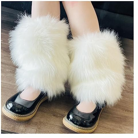 Yurosiay Damen Plüsch Beinwärmer Weiß Kurz Fell Beinstulpen Damen Flauschige Kunstfell Stiefelüberzieher Süße Kunstpelz Stulpen Beinwärmer Winter Fell Beinwärmer für Frauen und Mädchen 26cm
