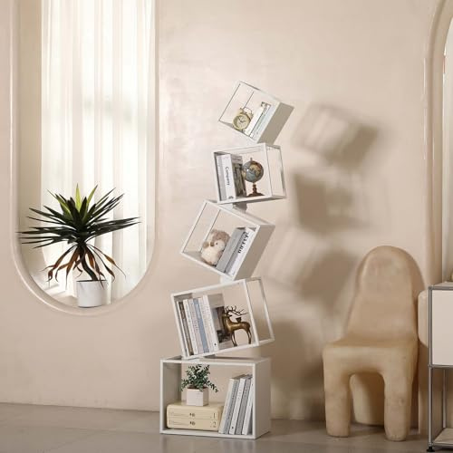 Weltallina Bookshelf, Metal Bookcase 5-Tier 67, Modern Unique Floor Corner Book Shelf, Display Storage Bookcase for Living Room, Bedroom, Office, Home Decor