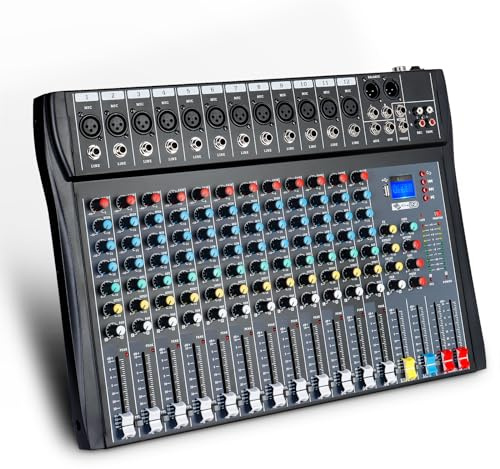 12 Channel Audio Mixer Sound Board DJ Mixer USB Audio Interface 48V Phantom Power Reverb Delay Effect Bluetooth USB MP3 Karaoke Mixer for PC Recording,Live Streaming