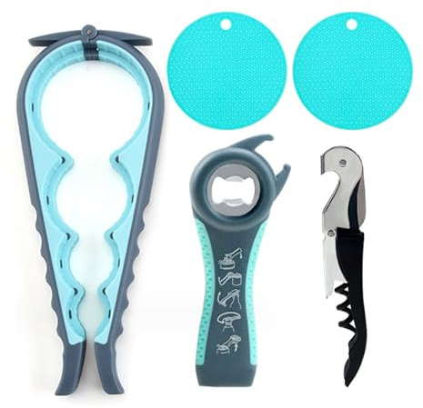 5PCS Multi-Purpose Can Opener Set, 5 in 1 Lid Opener, Beer Bottle Opener, Non Slip Rubber Jar Opener （Grey and Blue)