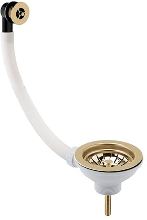 Balterley Kitchen Sink Waste Kit with Basket Strainer & Round Overflow, 1/2 inch Sink Waste Pipe, Stainless Steel Kitchen Overflow Kit, 90mm Standard Fittings - 115 x 115 x 63mm (Brushed Brass)