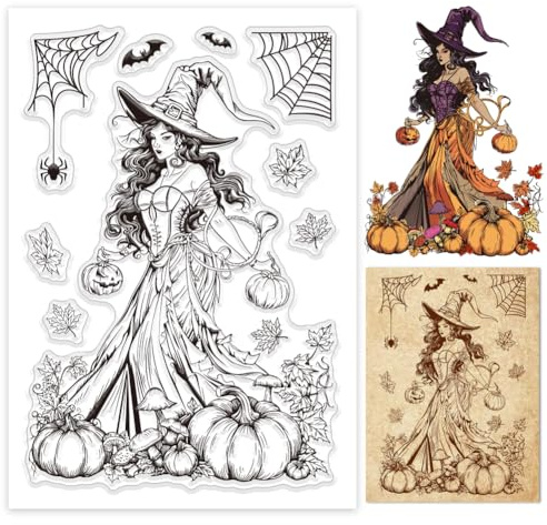GLOBLELAND Halloween Hexe Transparente Stempel für Scrapbooking Herbst Kürbis Klare Stamps Pilz Spinnennetz Silikonstempel Für Kartengestaltung DIY Prägung Journaling
