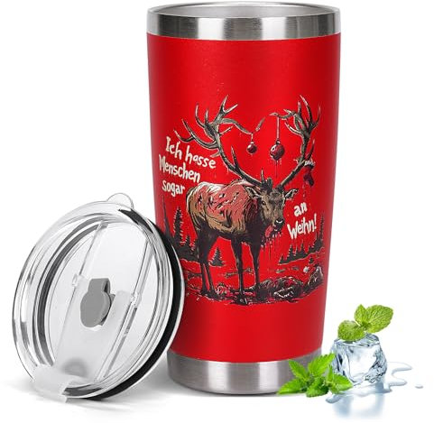 Ich hasse Menschen Tasse - lustiger Edelstahl-Thermobecher 590 ml, Kaffeetasse mit Spruch, Reisebecher Geschenk für Freunde, Kollegen, Morgenmuffel und Misanthropen (Rentier.a)