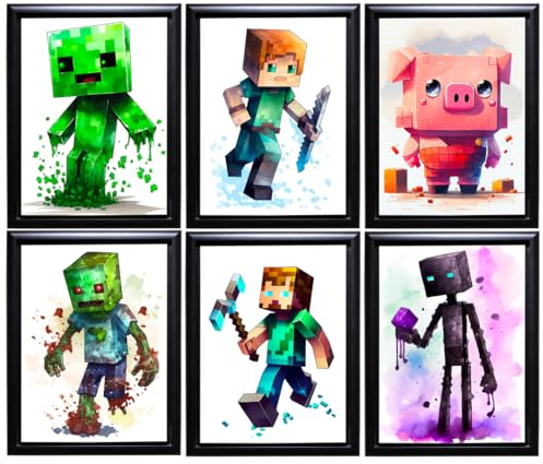 TFH Konstdesign – Minecraft-väggaffisch – miner gamer-tema väggdekor – akvarell väggkonst – (dekoration för videospelrum) – set med 6 delar – 20 x 25 cm – ej inramad