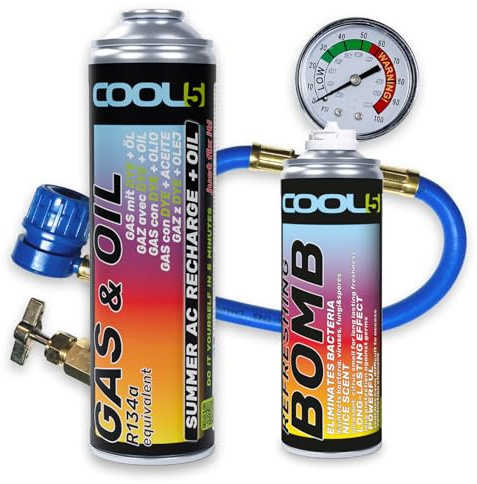 Cool5 - Kit de reparación de aire acondicionado – Reemplazo de aceite refrigerante (repuesto de gas R134a) para coches de 1995 – 2016 – Alta eficiencia (2 en 1 290 g R134a coches 1995-2016 + manguera)