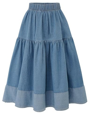 Jeans Rock Damen Midi, Jeansrock Lang, Midirock Blau A Linie High Waist Röcke Elastische Taille Patchwork Wickelrock für Frauen Skirt Swing Freizeitrock Einfarbig Herbstrock Sommerrock Elegant