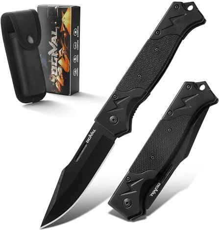 Ogival Klappmesser (Zweihandmesser),Taschenmesser mit Griff aus rostfreiem Stahl und Seil,Edc Messer mit Taschenclip,für Camping, Wandern, Angeln