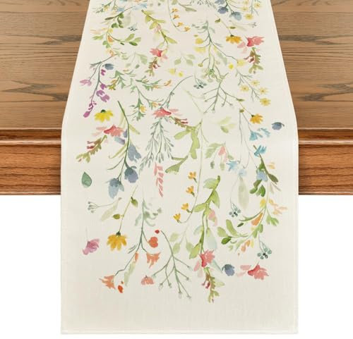 Camino de Mesa de Primavera,Camino de Mesa Verano con Estampado de Hojas y Flores,Decoración de Primavera y Verano para Cocina y Comedor,Adecuado para decoración de Mesa de Fiesta en casa,33x183cm