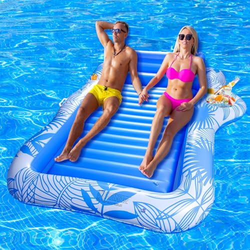 BuzzoXerex Colchón de Aire Piscina, Doble Grane Hamaca de Agua Colchón de Aire Adulto Piscina Hinchable Sol con Reposacabezas y Portabebidas para Verano Piscina Playa (Azúl)
