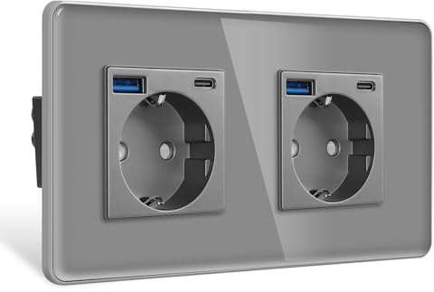 CNBINGO 2 Fach Glas Steckdose mit USB C+A Grau Doppelsteckdose Unterputz | EU-Standard Wandsteckdose mit Kindersicherung,16A 250V