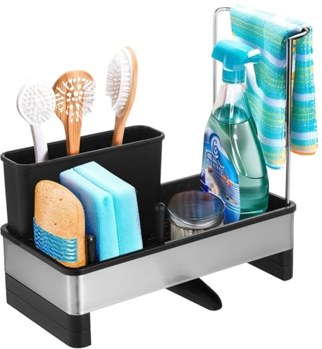 Stainless Steel Sink Organizer with Adjustable Dividers, Non-Slip Base, Drain Tray, Brush Holder for Kitchen Cleaning Tools