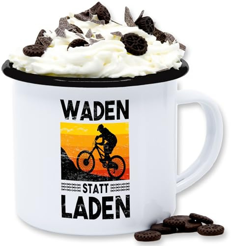Emaille Tasse Blechtasse - Radsport - Tassen - Waden statt Laden Vintage - 300 ml - Weiß Schwarz - rad fahrrad mountainbike kaffeetasse rennrad für fahrradfahrer radel radfahren fahrradmotiv bike