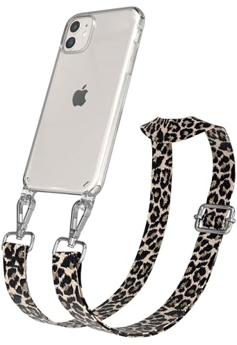 EAZY CASE Handykette - Verstellbares Taschenband kompatibel mit iPhone 11, Schulterriemen, Handykordel mit Silikon Hülle, Umhängetasche, Leo - Schwarz Beige Silber