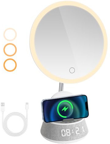 hzuisst Make Up Mirror with Lighting, 8'' 6-in-1 Vanity Makeup Mirror with Light, Wireless Charger, Bluetooth Speaker, FM Radio, White Noice, Clock Display, 3 Colours & Stepless Dimming Desk Mirrors