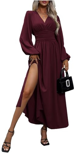 LUVCES Robe Femme Elegante Col en V Taille Haute Robe Longue Plissée Manches Lanternes Fente Latérale Froncée Robes Longue de Cocktail Soirée Party