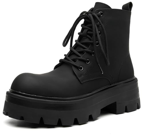CrazySavage Men's Black Leather Lace-up Platform Combat Boots Wide Toe Side Zipper Chunky Heel Lug Sole Ankle Booties Comfort High Top Waterproof Biker Boots (Black,6)
