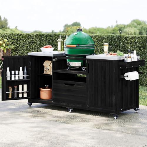 66.5 Outdoor Rolling Kitchen Island for Big Green Egg Grills with Stainless Steel Top, Solid Wood Island Table, Farmhouse Grill Cart, Compatible with Large Big Green Egg, Kamado Joe (Black)