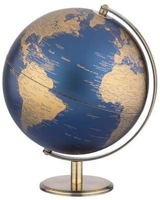 TROIKA Globus mit 25cm Durchmesser PLANET bewegliche Achse und antikgoldenem gebürsteten Metallfuß aus Kunststoff und Metall in dunkelblau und goldfarben