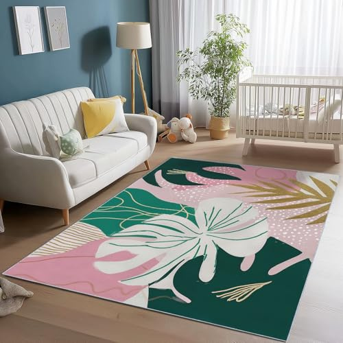 Non-Slip Indoor Area Rug Pink - Abstract Monstera Deliciosa Palm Leaf Pattern Easy-Care Washable Carpet Floor Mat for Living Room Bedroom Dining Room Office, Modern Soft Rugs 80 x 150 cm