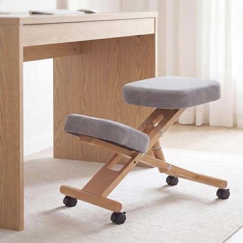 Mendler Kniestuhl HWC-Q46, höhenverstellbar Rollen - grau | Sitz-/Kniehocker, Stoff/Textil (200g/m²), Holz