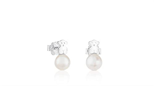 TOUS Pendientes de Plata de Primera Ley para Mujer con Motivo Oso de 1cm y Perla Cultivada, Cierre Presión, Fino y Elegante, Colección Puppies
