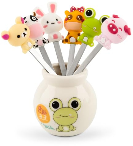 AUEAR Set of 6 Stainless Steel Fruit forks Cute Animal Food Picks Dessert for Bento Lunch Box, Party Choose