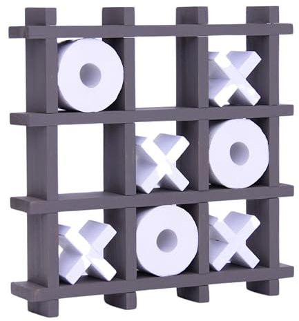 Tic Tac Toe Toilet Paper Holder - 19.6 (50cm) Tall Xs and Os Roll Storage Rack - Wall Mountable Rustic Noughts and Crosses Shelf for Bathroom & Washroom Decor - Toilet Paper Roll Organizer