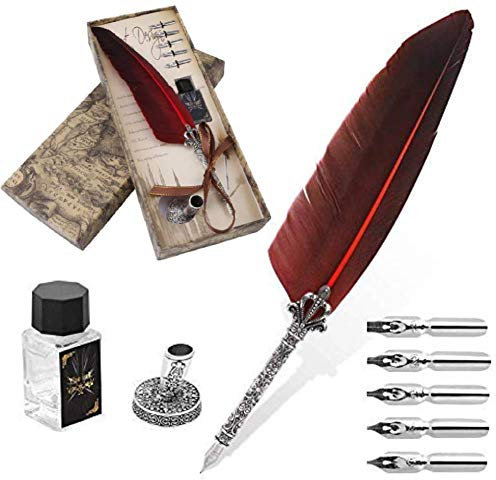 SOULONG Feder-Dip-Stift-Set, Kalligraphie-Feder-Set mit 5 Ersatzspitzen für Buchstaben, Metallfeder für Anfänger, Unterschriften-Design (rot)