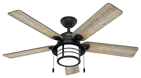 HUNTER FAN Ceiling Fan Santorini 137 cm Indoor and Outdoor, with light and Pull chain, Natural Iron, 5 Reversible Blades Barnwood and Black Willow Ideal for Summer or Winter, Model 50648