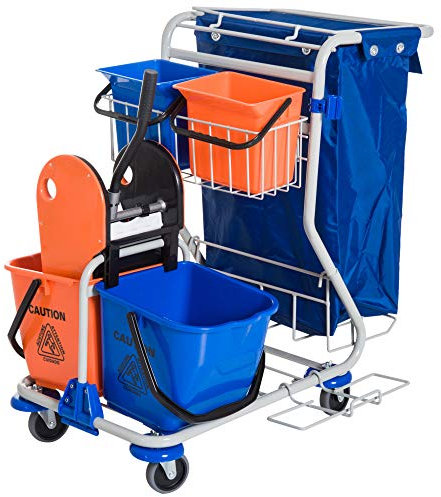 HOMCOM Carrello Pulizie Professionale con Sacco per Immondizia, 2 Secchi Lavapavimenti 18L, 2 Secchio Portaoggetti 6L, Strizzatore per Mocio, Gancio e Ruote per Hotel e Albergo, 93x80x97 cm, Arancione