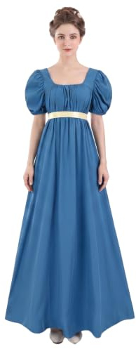 HEQU Regency Dresses for Women with Satin Sash Ruffled Puff Sleeve Empire Waist Dress Gown, Royal Blue, M