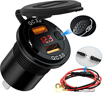SAMPOW Prise USB 12 V 12 V24 V 36 W en aluminium étanche double QC3.0 chargeur rapide USB adaptateur de prise de courant pour moto chargeur de téléphone Voltmètre numérique LED pour voiture, bateau,