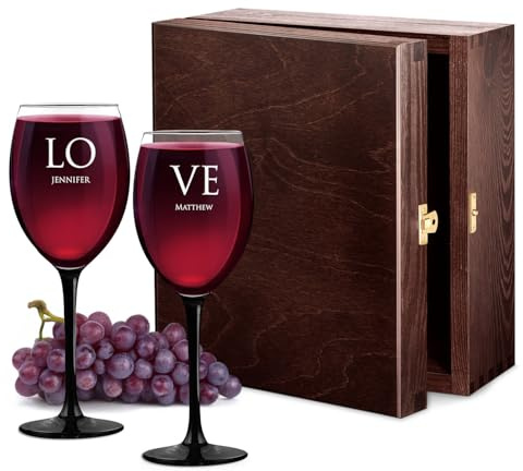 Maverton Wine Glasses with a Black stem and Base, Personalised Set, Love | 330ml “U” Shaped Glasses, Specific Design, for Couples